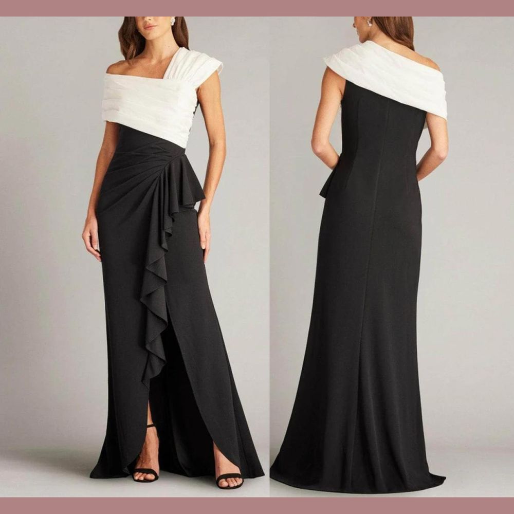 New $478 Tadashi Shoji [ Large ] Two Tone Asymmetric Evening Gown Black